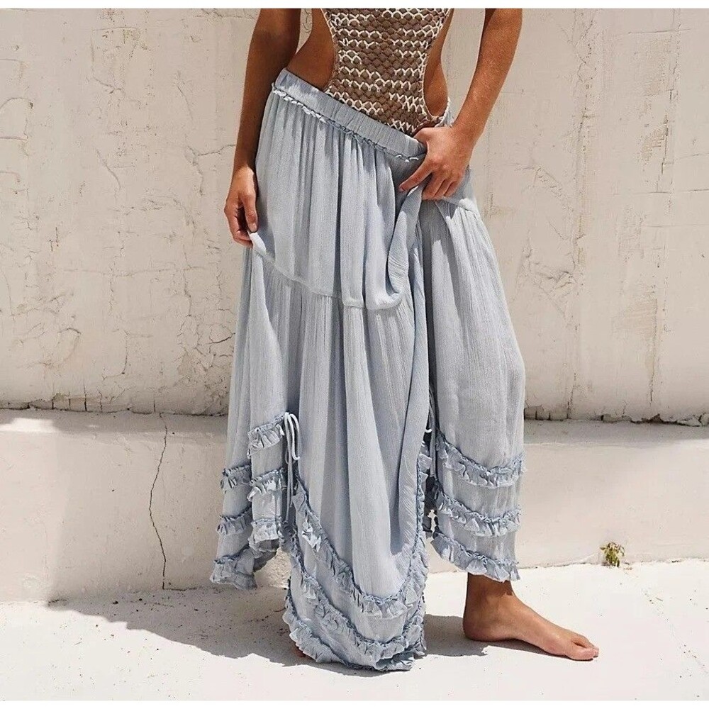 Free People Free-est~Vienna Midi Skirt~Tiered Asymmetrical Ruffle~Blue~M